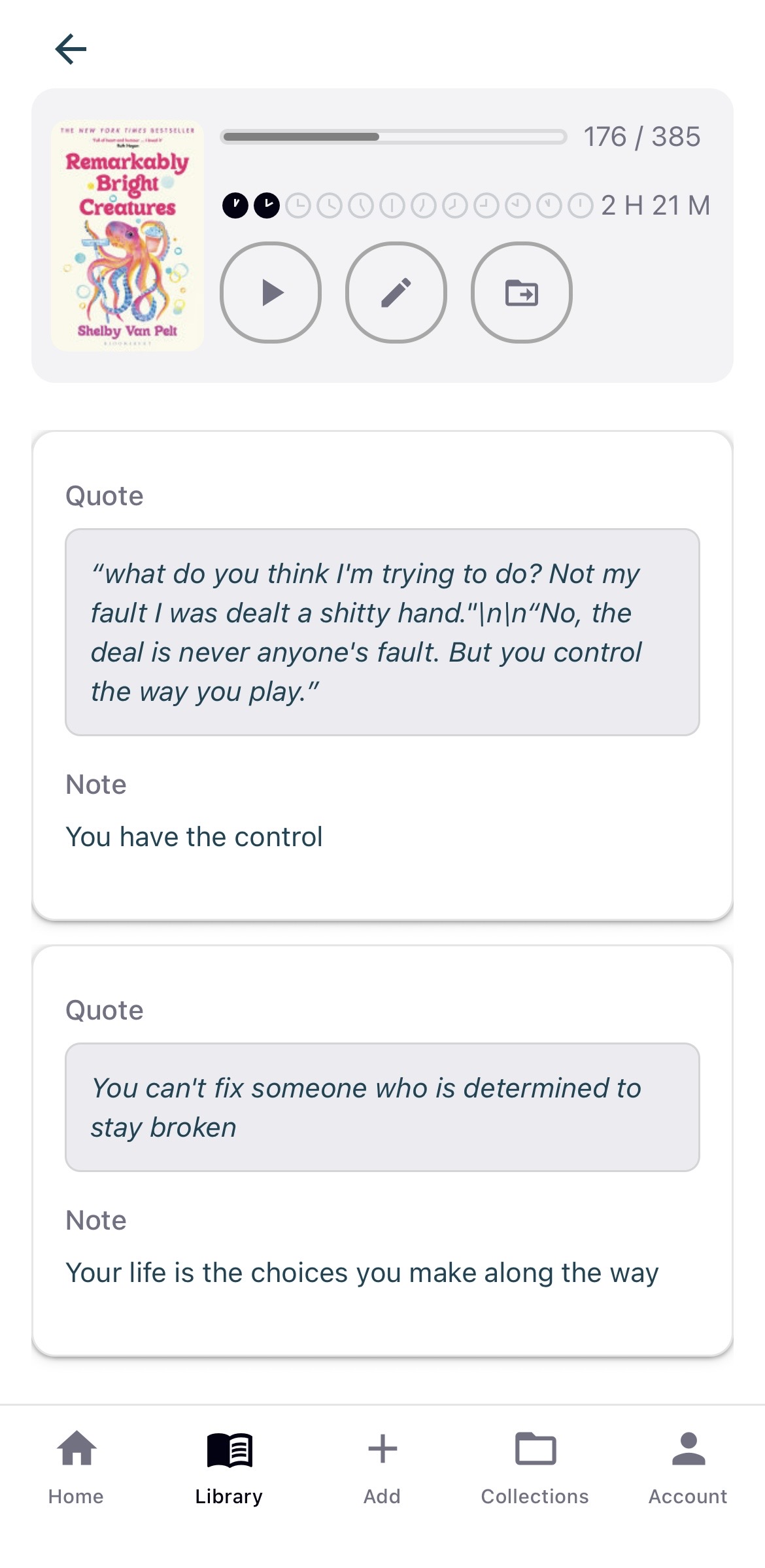 Book detail view in Readminded with saved quotes and personal notes