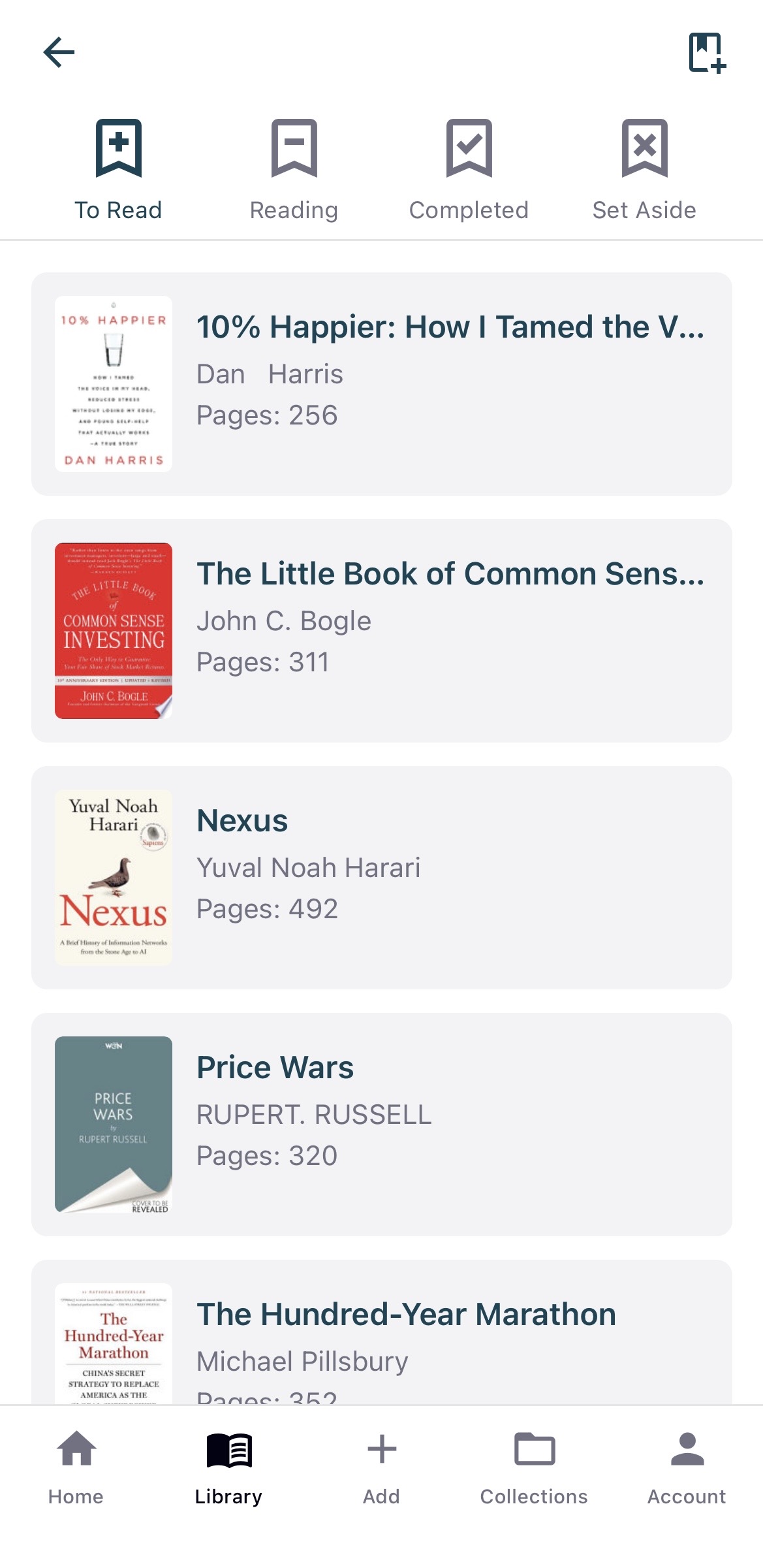 Readminded to-read shelf listing books with covers, authors and page counts